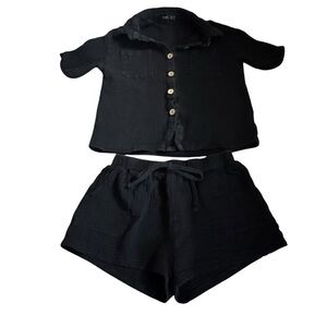 Women's Black Matching Two Piece Shorts & Shirt Set